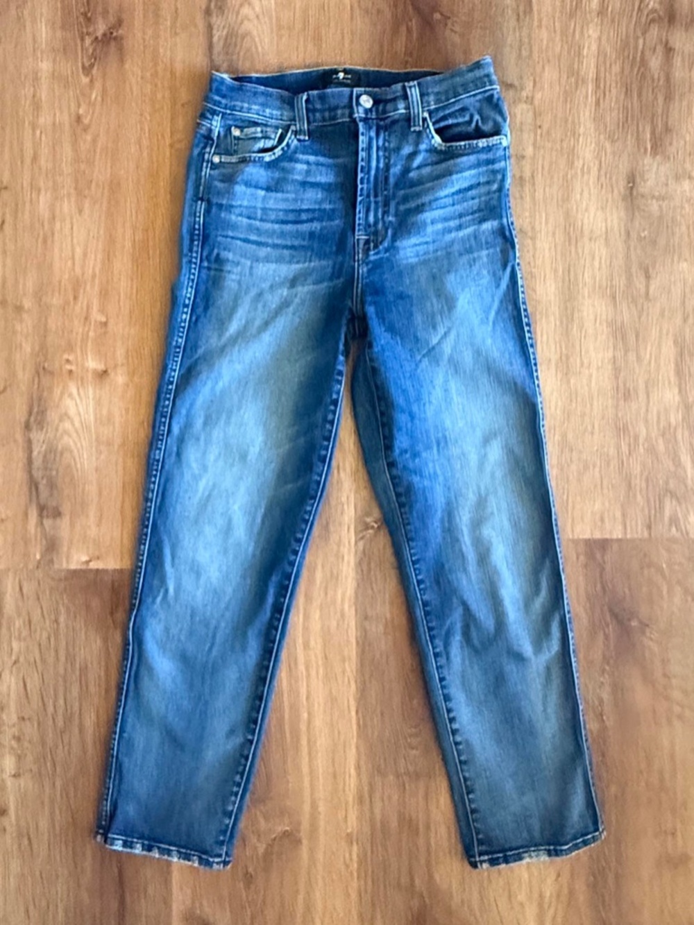 7 For All Mankind Blue Straight Stretch High-Rise Cropped Jeans Women's Size 28